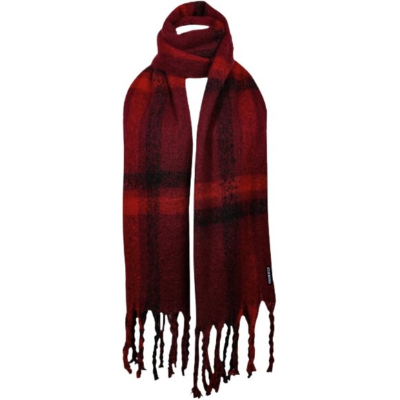 Steve Madden Women's Burgundy Plaid Scarf & Cable Knit Pompom Beanie Hat Set - Picture 2 of 4